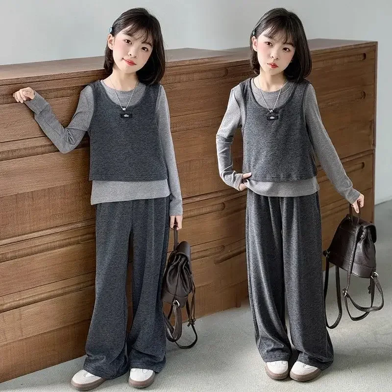 2026 AUTUMN winter kids Girls Clothes Suit Child set sweatshirt long T SHIRT + vest + wide leg LOOSE pant 4 8 9 10 11 12 14 year