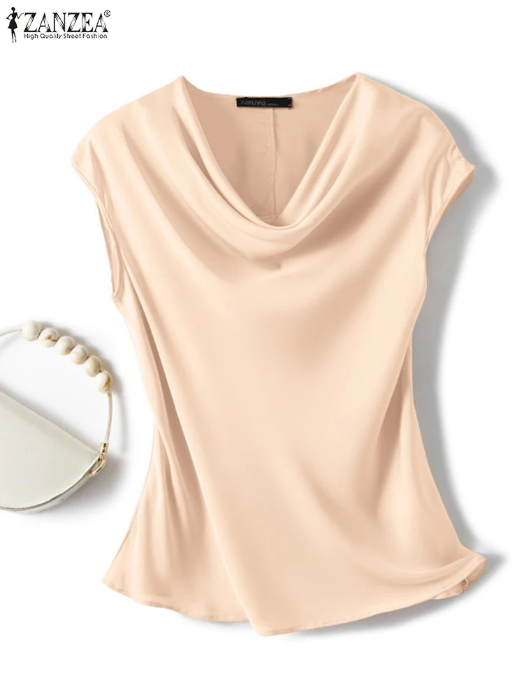 

ZANZEA Summer Elegant Short Sleeve Work Shirt Office Women Satin Blouses Swing Neck Tunic Tops Solid Slim Fit Party Blusas 2025