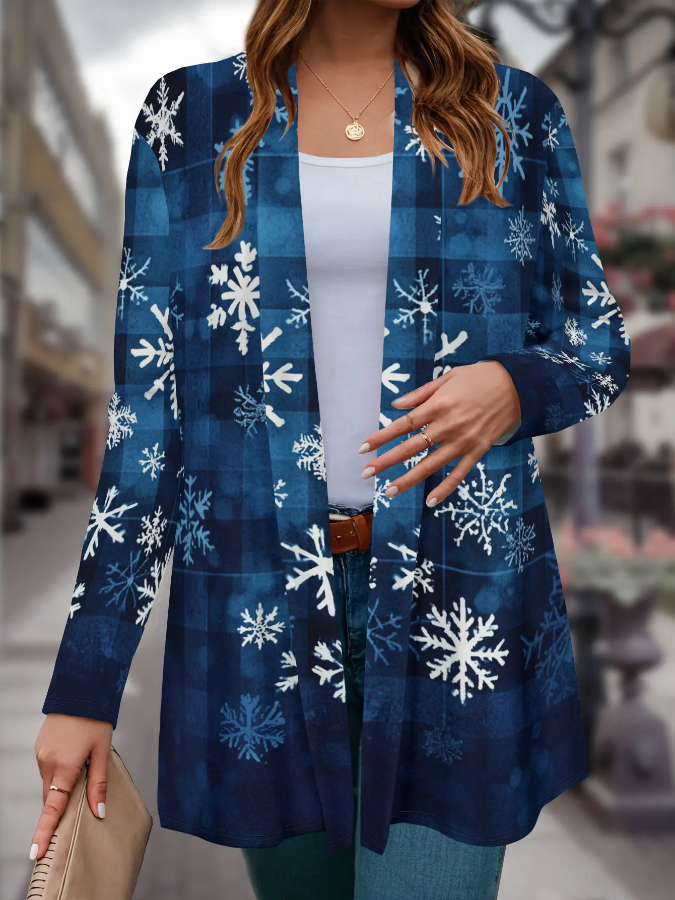 Damski płaszcz w śnieżynki, kołnierz 3D zapinany na guziki, ciemnoniebiesko-biały wzór, zimowa moda świąteczna streetwear