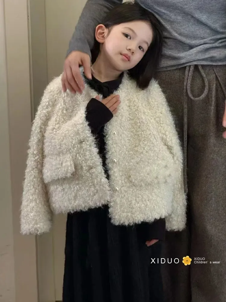 Girls White Wool Coat Children 2024 New Winter Collection Fashion Simple Casual Coat Clothes Korean Simple Style Clothes Top