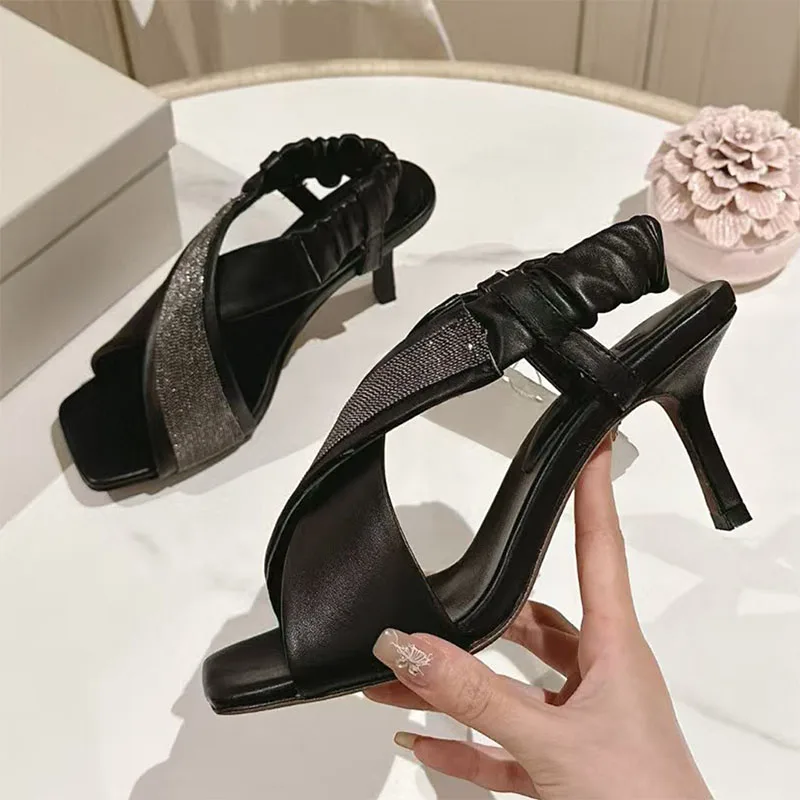 

Summer Kitten Heels Sandals Woman Chain String Bead Runway Shoes Women Suede Leather Elastic Band High Heels Sandals Women