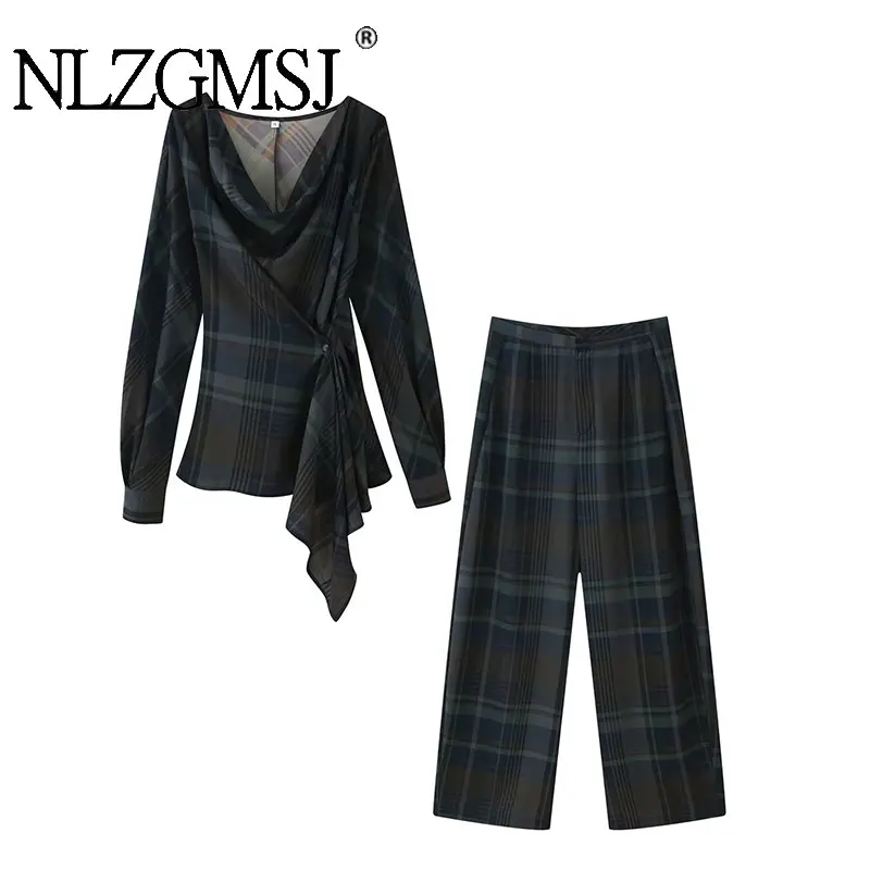 NLZGMSJ 2026 Lente Casual Geruite Broek Vrouwen Set Mode Droop Geplooide Top Rechte Broek 2 Delige Sets Voor Vrouw Outfit