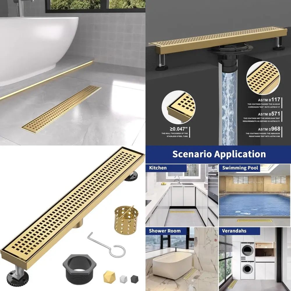 

24 Brushed Gold Linear Shower Drain with Removable Grate and Adjustable Feet, Suitable for Bathroom and Balcony