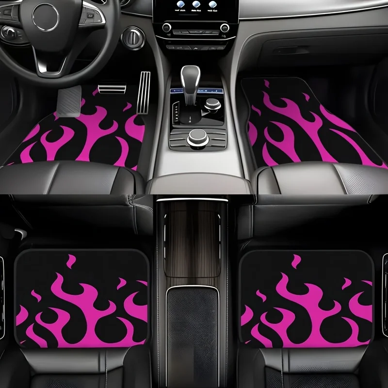 4pcs Pink Flame Style Car Mats- Fit For Front& Rear Seats, Pet-Friendly, Durable& Easy-Clean Interior Accessories With Stylish F