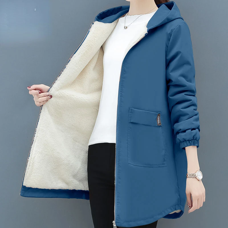 Gabardina con capucha de terciopelo para mujer, abrigo largo medio cálido, Tops coreanos para mujer, chaqueta delgada, prendas de vestir, otoño e invierno, nuevo, 2024