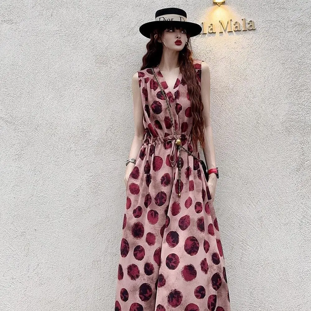 French Style High-end and Fashionable Sleeveless Slim Dress Summer New Vest Suspender Large Polka Dot Long Skirt