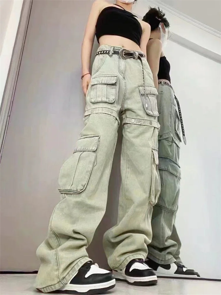 Women\'s Button Splicing Design High Waisted Shorts Jeans American Fashion Vintage Streetwear Wide Leg Trouser Female Denim Pants