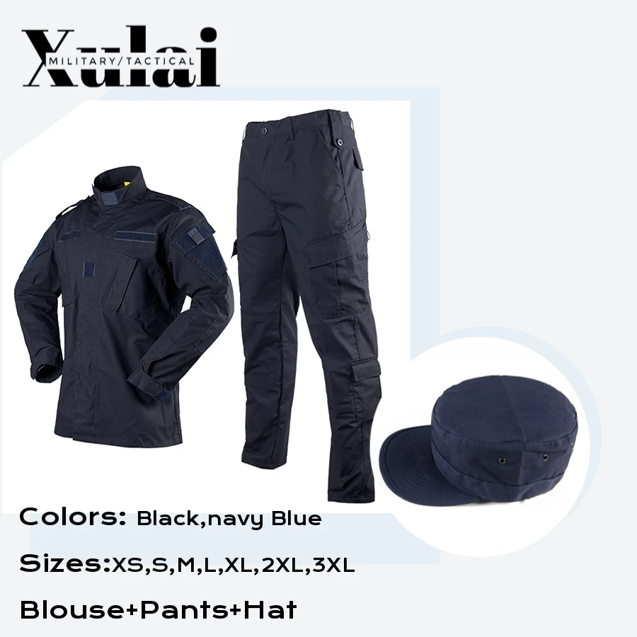 Navy Blue Workwear Ribstop Cargo Pants Blouse Suits Men\'s Uniform With Hat