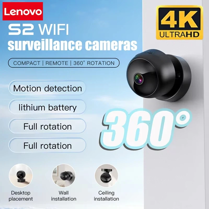 

Lenovo 4K Wireless Security Camera 360° Full Coverage View WiFi HD Motion Detection Night Vision Indoor Outdoor Remote Monitor