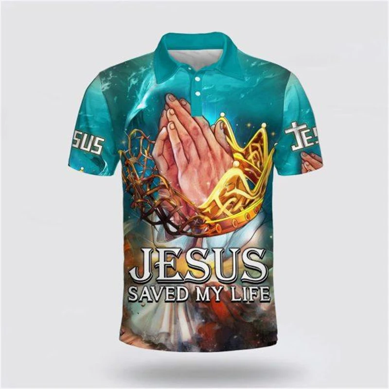 Jesus Christ Men\'s Polo Shirts 3D Printed T Shirt For Men Lapel Short Sleeve Oversized Baggy Clothes Male Harajuku Vintage Shirt