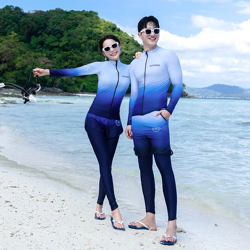 

2024 Korean Women Men Split Couple Diving Suit Rash Guards Gradient Color Surfing Swimwear Long Sleeved Pants Sports Beachwear