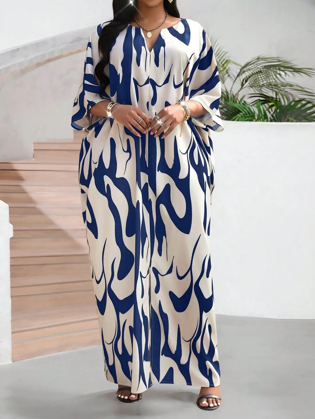 

Женское свободное платье макси с V-образным вырезом и рукавами 3/4, с абстрактным волнообразным принтом