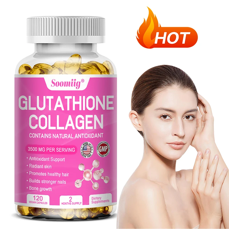 

Осветлятель кожи Glutathione, избывает тон кожи, поддерживает здоровые волосы, кожу и ногти, коллагеновые капсулы, без ГМО, 120 капсул