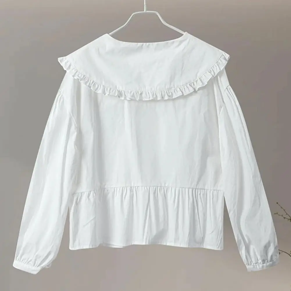 

Women Pleated Hem Shirt Doll Collar Puff Sleeve Shirt Solid Color Ruffle Hem Lace-up Women's Top Casual Streetwear Doll Collar