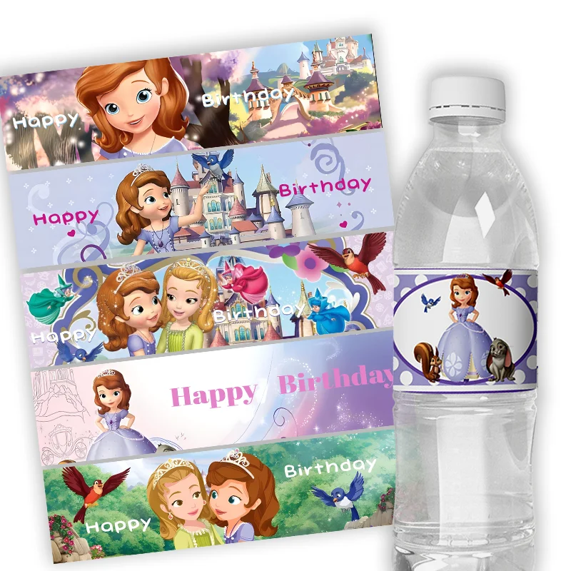 24pcs Cartoon Disney Sofia The First Custom Birthday Stickers Mineral Water Bottle Label Kids Birthday Party Decor Supplies Gift