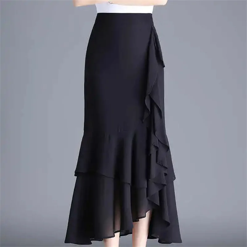 

Chiffon Skirt Women's Fish Tail skirts 2025 Spring/Summer Autumn New Female Mid length lotus leaf Irregular Black Fashionable Sk