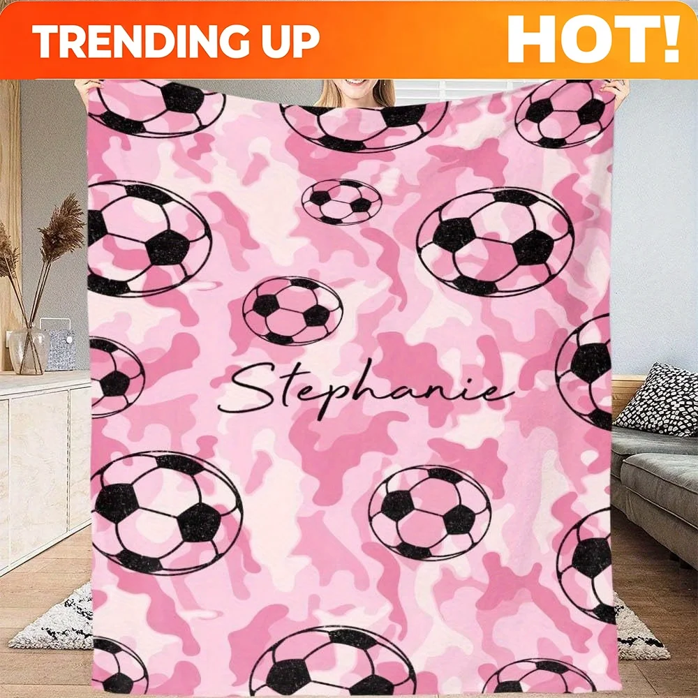 Customize Customizable Pink Football Flannel Blanket - Personalized with Name and Number, Versatile Modern Style for All Seasons