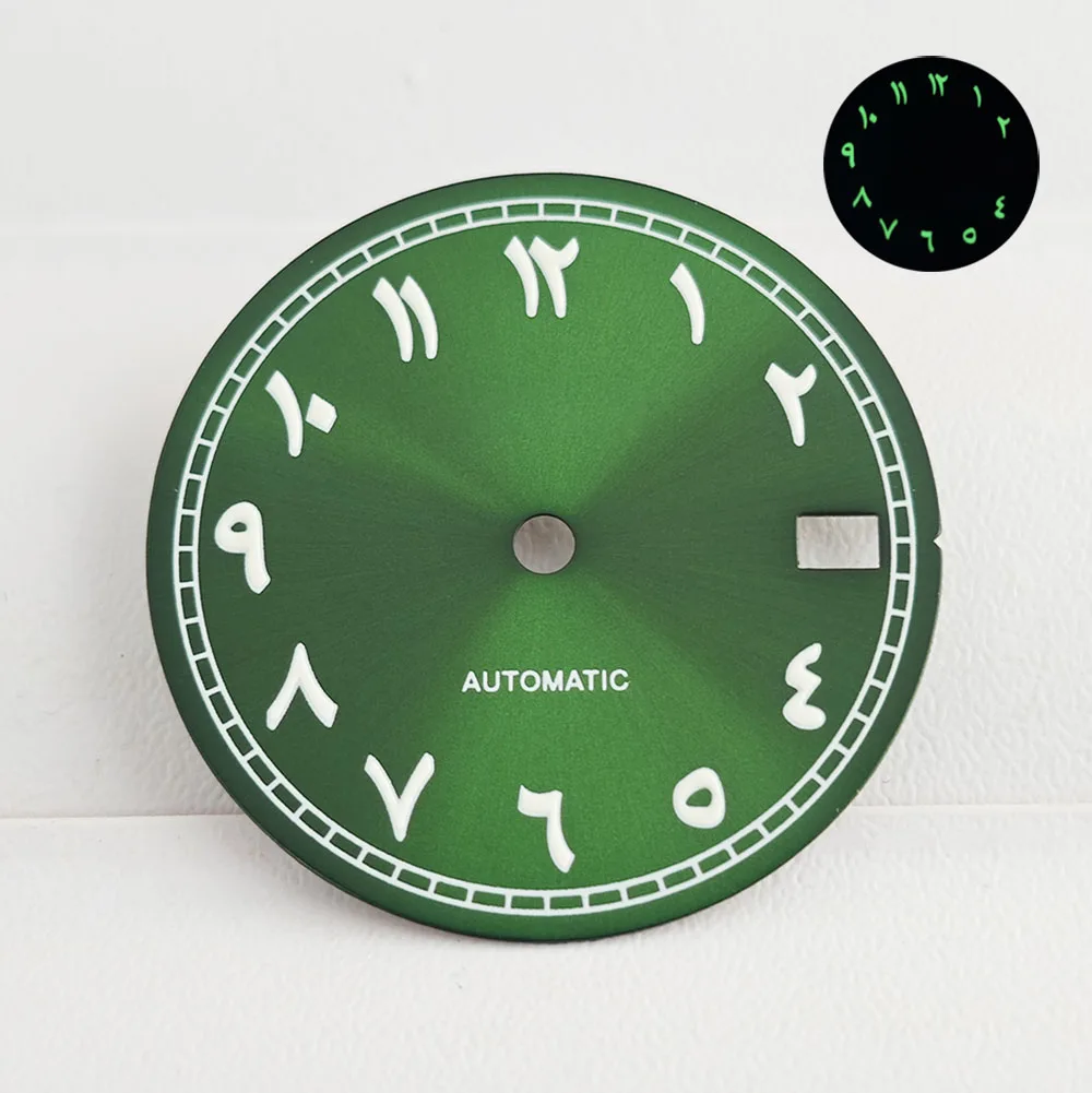 Мужские часы арабский цифровой циферблат NH35 зеленый светящийся циферблат 28,5 мм Циферблат для NH35 NH36 автоматический механический механизм часы аксессуары