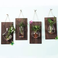 Wall Hanging Wall Mount Glass Vase Creative Small Fish Tank Hydroponic Container Transparent Vase Solid Wood Plant Flower Pots