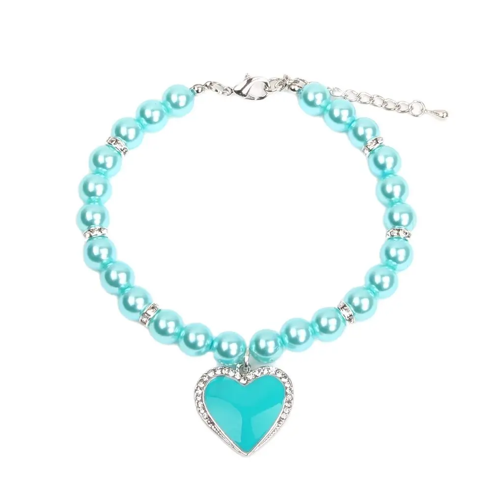 XKSRWE Dog Cat Pearls Necklace Collar with Bling Heart Charm Pet Dog Jewelry Accessories Adjustable Handmade