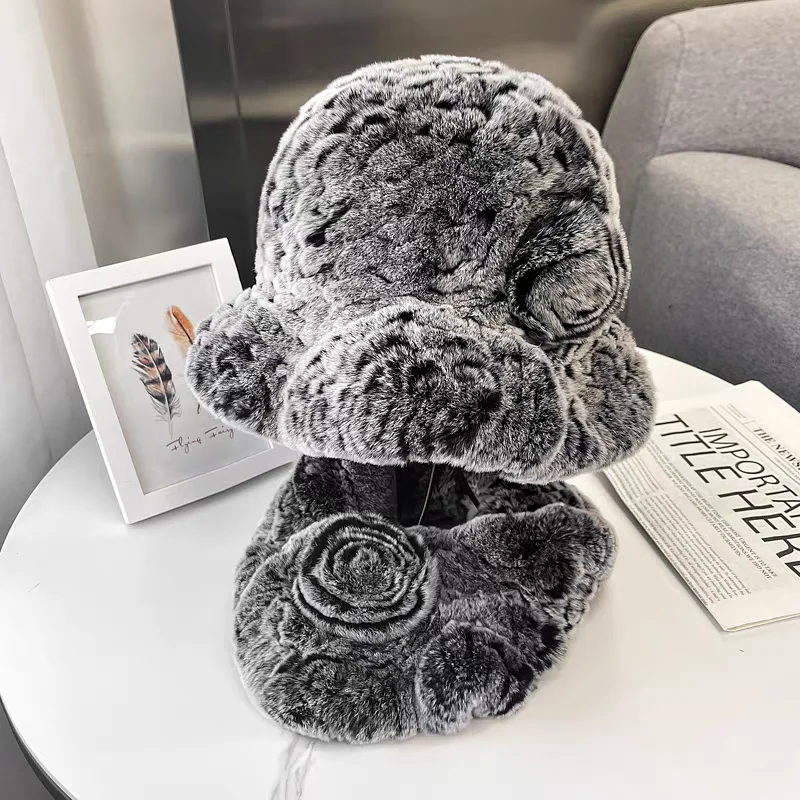 Classic Furry Rabbit Fur Bucket Hats Ruffled Scarves Real Rex Rabbit Fur Hat and Scarf Sets