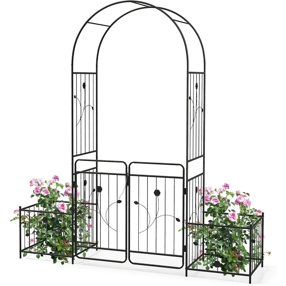 Garden Arch with Planter - Metal Garden Arbor with Gate, Wedding Archway Pergola for Lawn Patio Bridal Party Decoration