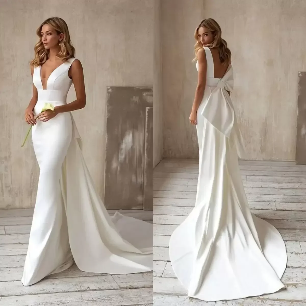 

Elegant Satin V Neck Mermaid Wedding Dresses Bridal Gowns With Detachable Train Bow Back Arabic Backless Robe De Mariee 2024