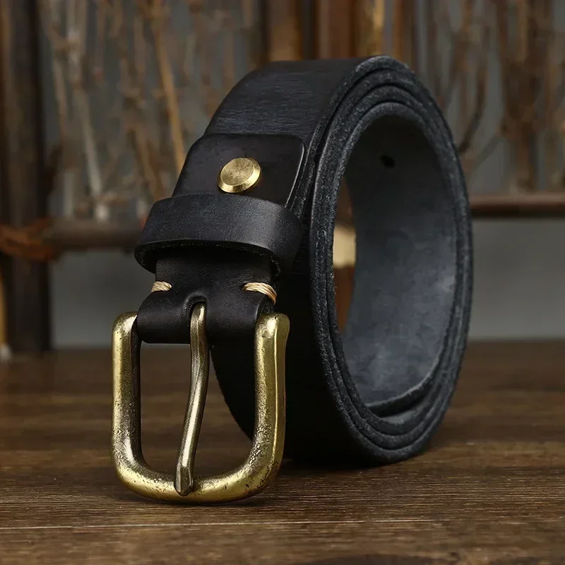 Ceinture en cuir véritable pour hommes, 3.3CM, boucle ardillon de luxe, mode masculine, cuir de vache pur, cuivre, sauvage, classique, rétro, haute