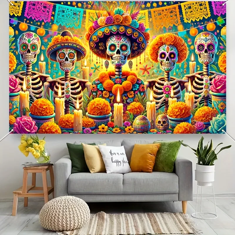 Colorful Skull And Marigold Halloween Day Of The Dead Banner Suitable For Photography Background Cloth Party And Home Decoration