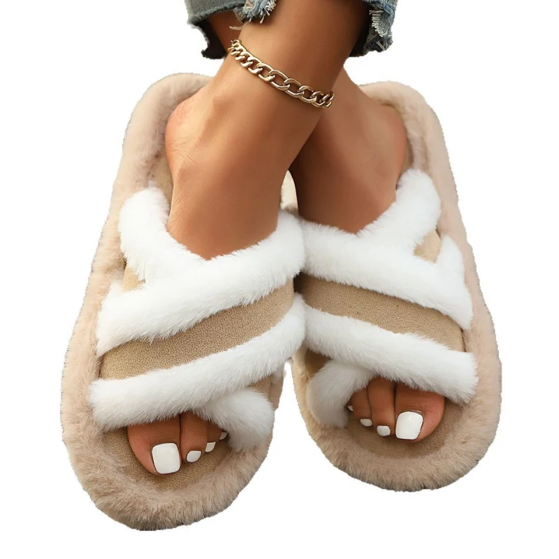Warm Fluffy Furry Slippers Women Soft Large Size Lightweight Flat Heels Fur Slides Women 2026 Autumn Winter Slippers For Ladies view 5