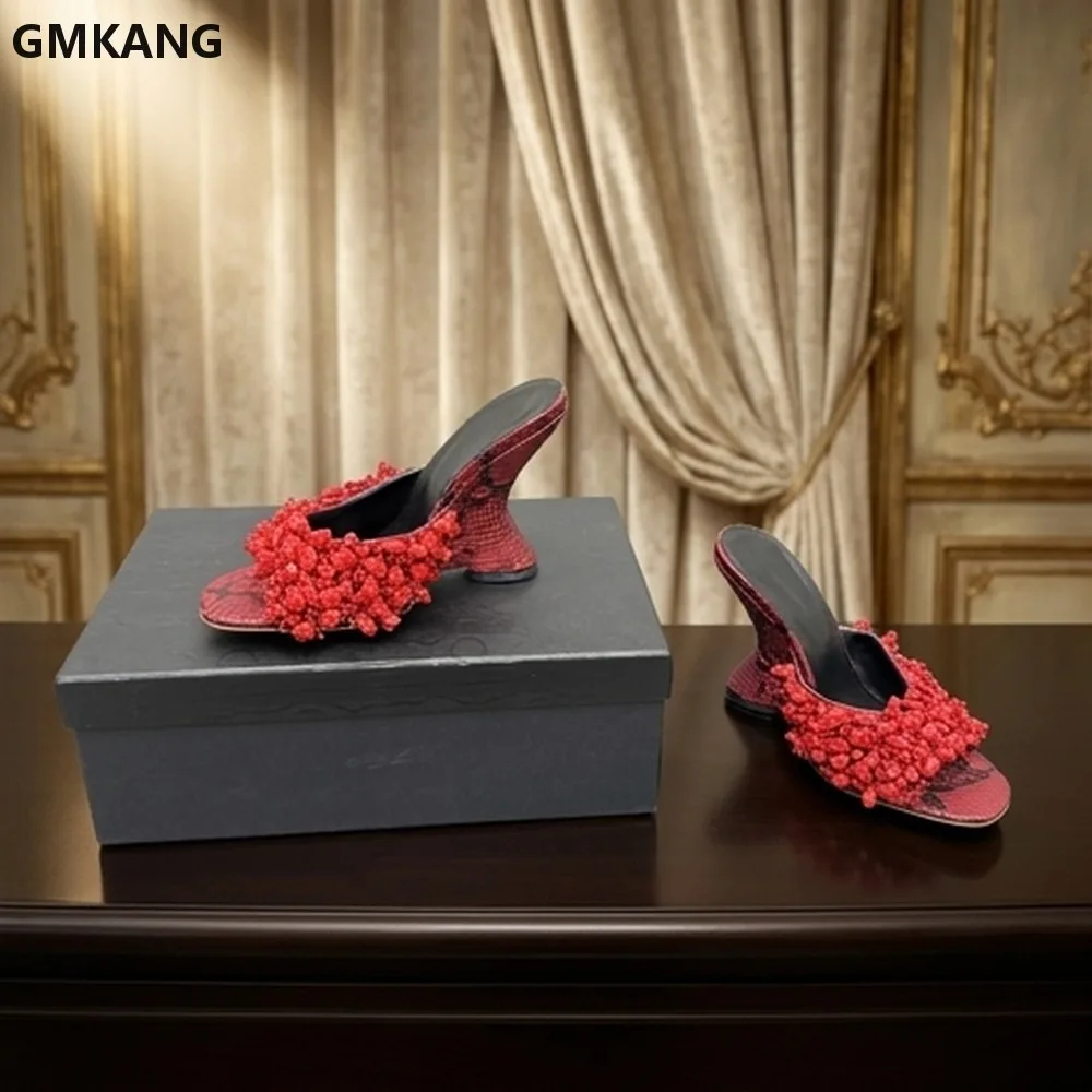 Women's Beaded Snake Print Leather Wedge Mules Open Toe Crystal Embellished Summer Sandals Comfortable Slip On Heels