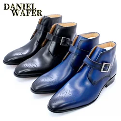 Luxury Men's Genuine Leather Ankle Boots Black/Blue Pointed Toe Slip-On Dress Shoes with Buckle Strap Casual Basic Style