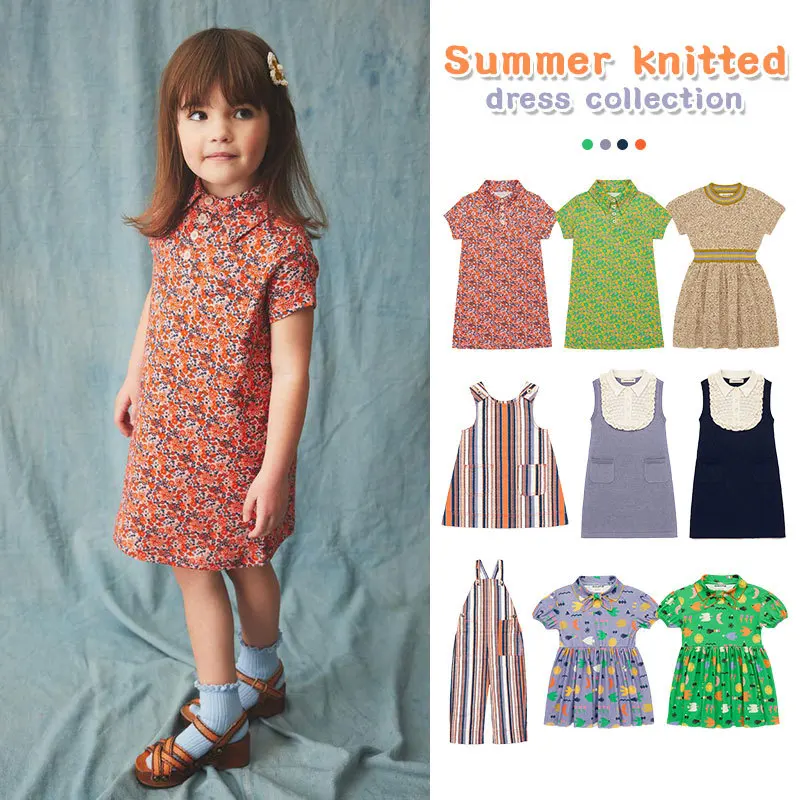 

Girls Dress 2024 Summer New Lapel Print Dress Kids Dress High Quality Knitted Princess Dress Children's Clothing