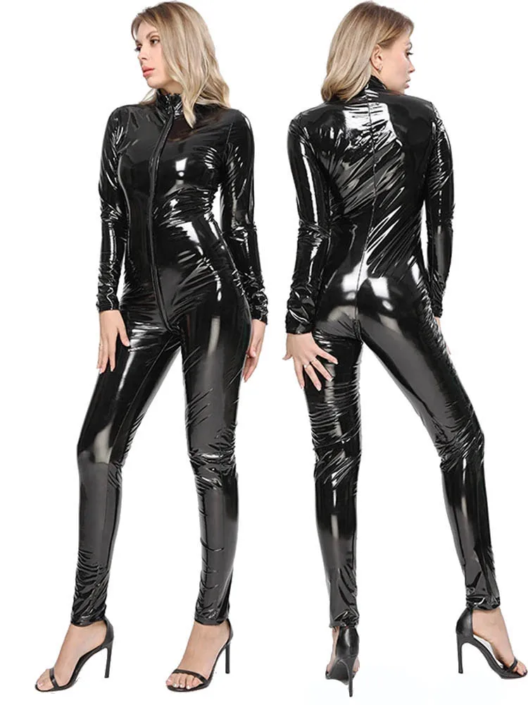 

S-5XL Unisex Wet Look PVC Catsuit Long Sleeve Shiny PU Leather Open Crotch Bodysuit Tigths Leotard Conjoined Jumpsuit Sexy Body