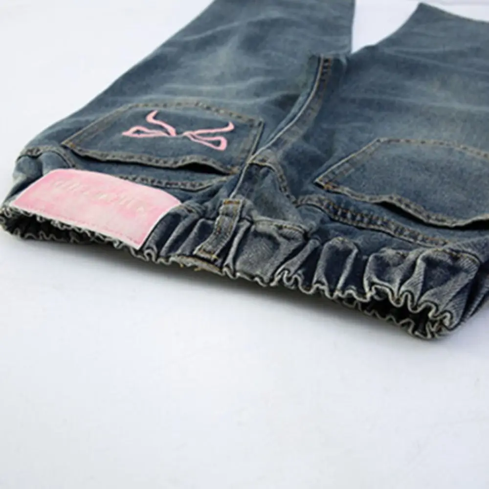 Urocze jeansy dziecięce z kokardką, proste, luźne, w stylu Y2K, spodnie kowbojskie, jeansy z wysokim stanem dla dziewczynek, spodnie dżinsowe, streetwear