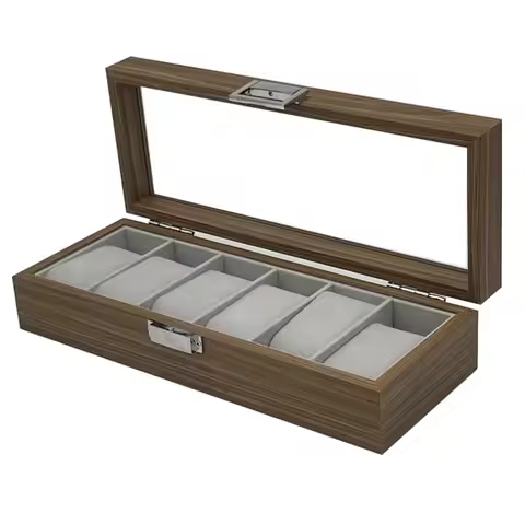 6 Slot Dark Walnut Pattern Wood Watch Box Organizer Case Collection With Gray Velvet Interior Wooden 6 Grid Watch Box