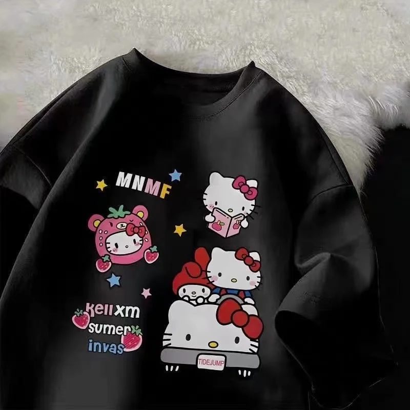 لطيف مرحبا كيتي الإبداعية إلكتروني نمط طباعة الصيف المرأة الجديدة الطرفية أعلى زائد حجم فضفاض عارضة قصيرة الأكمام تي شيرت