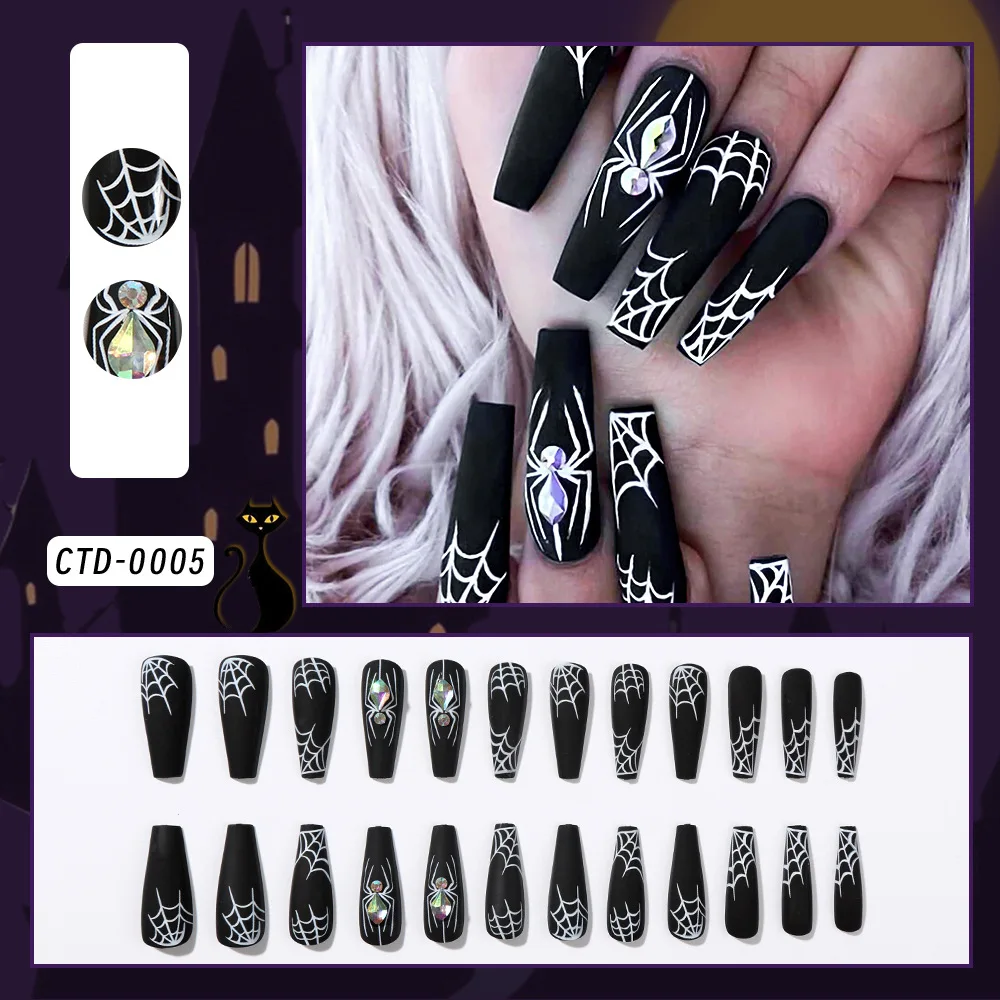 24pcs Thriller Style False Nails With Halloween Spider Bugs Pattern Wearable Press On Nails Ballet Black Punk Nail Art Decoratio