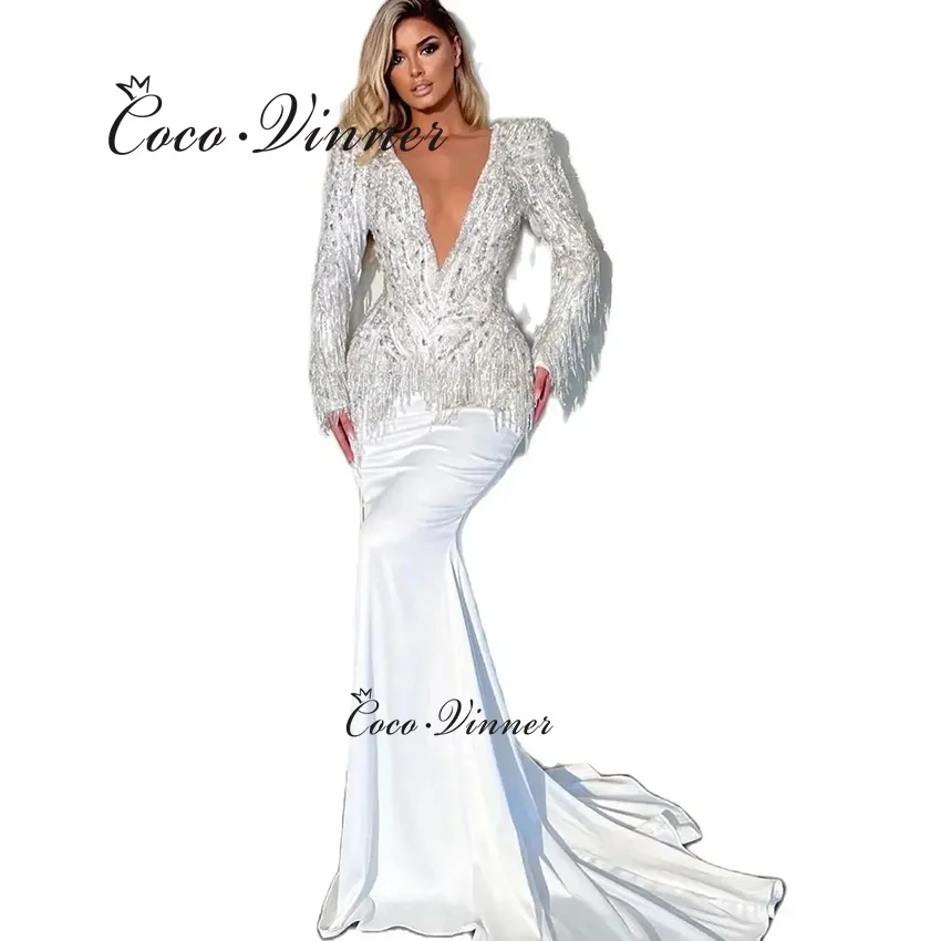 تخصيص كامل الأكمام مثير الخامس الرقبة حورية البحر فستان الزفاف 2025 الثقيلة الديكور كريستال شرابة الساتان فستان الزفاف حورية البحر W1459