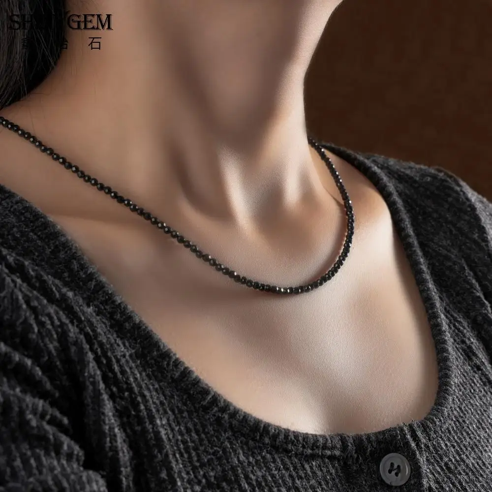 SHINYGEM 3mm Black Spinel Beaded with Gold Tassel Adjustable 45cm Jewelry Women Cut Faceted Bead Gemstone Necklace