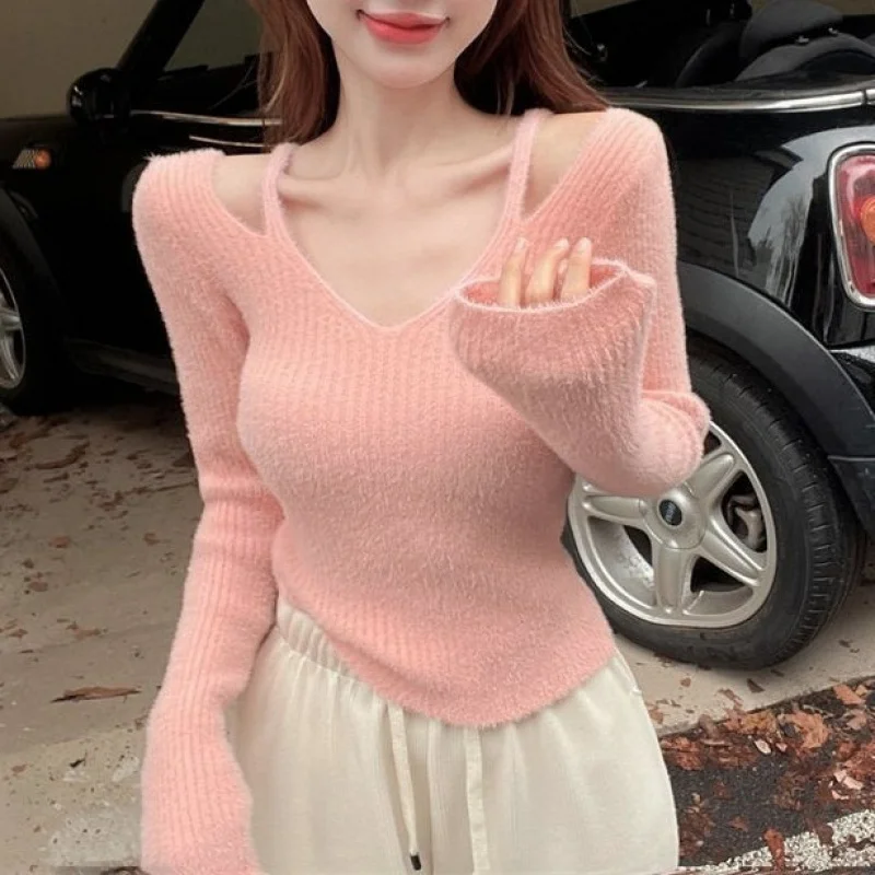 Pure Desire V Collar Warm 2024 Season New Korean Short Idle Style Furry Sweater for Women