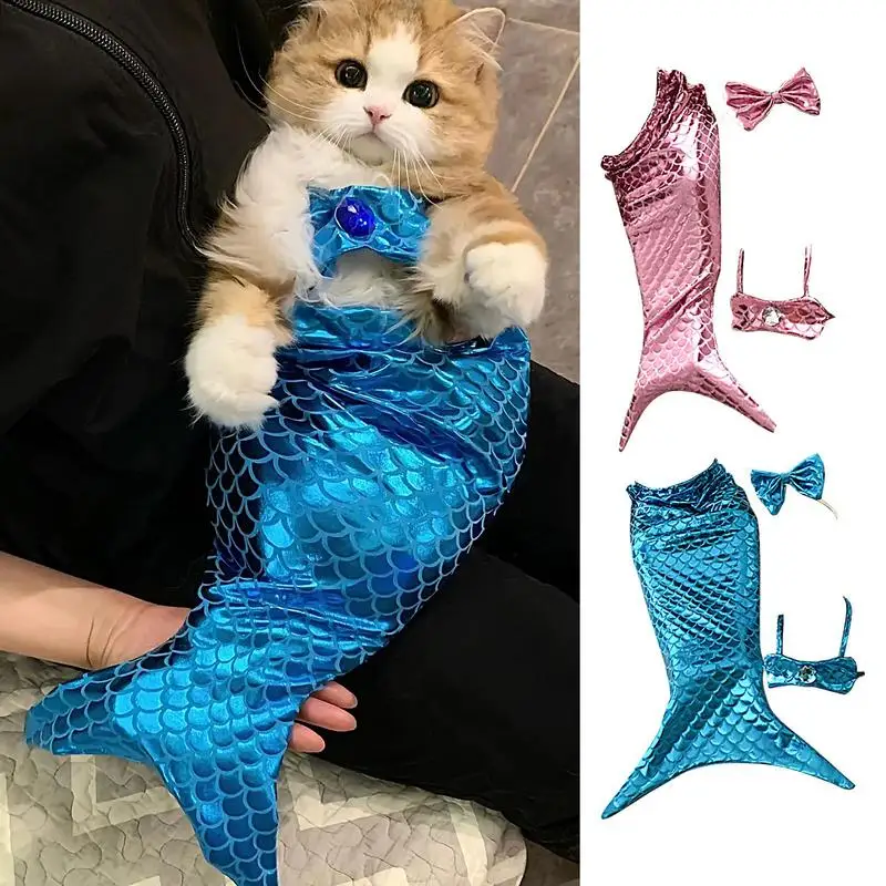 Mermaid Costume For Cats Dog Cosplay Costume With Bow Headband And Halter Neck Top Kitten Outfit For Puppy And Cats Creative