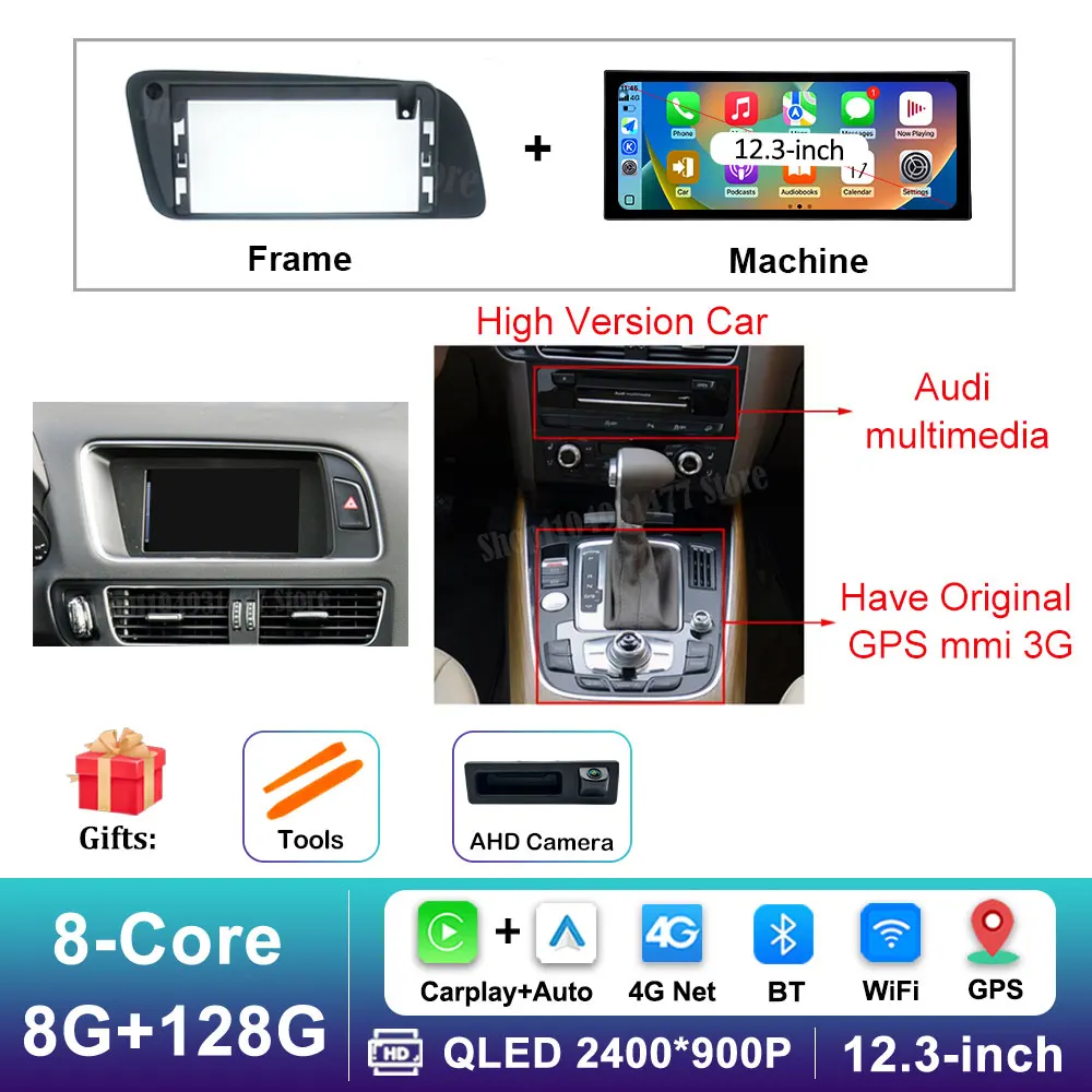 12,3 inch GPS Navigatie Draadloze Carplay Android 16 voor Audi Q5 2009 - 2017 BT Auto Multimedia Video Radiospeler 4G Auto Gereedschap