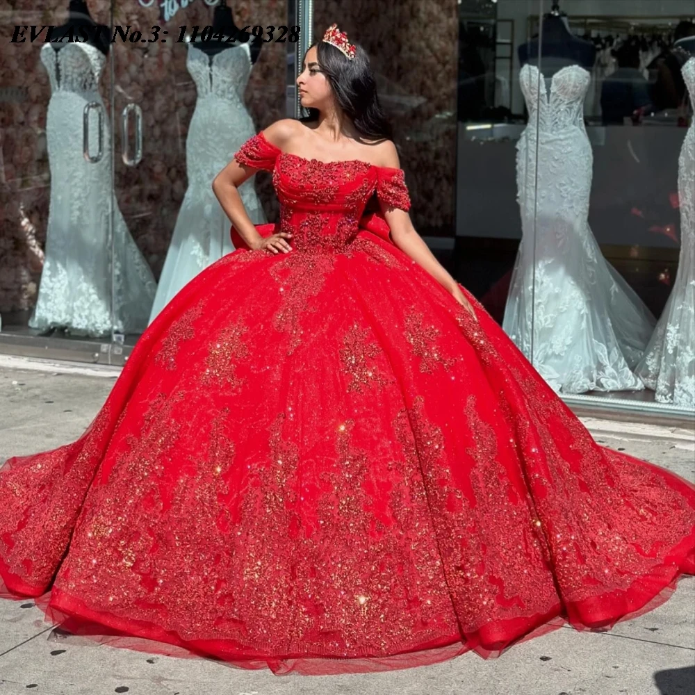 EVLAST Customized Sparkly Red Sequins Quinceanera Dress Ball Gown Applique Beading Bow Corset Sweet 16 Vestido De 15 Anos E3Q354