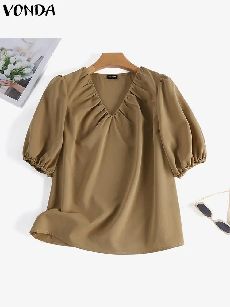 VONDA Women Summer Top 2024 Fashion Blouse Sexy V Neck Casual Pleated Short Puff Sleeve Solid Color Blusas Femininas Loose Shirt