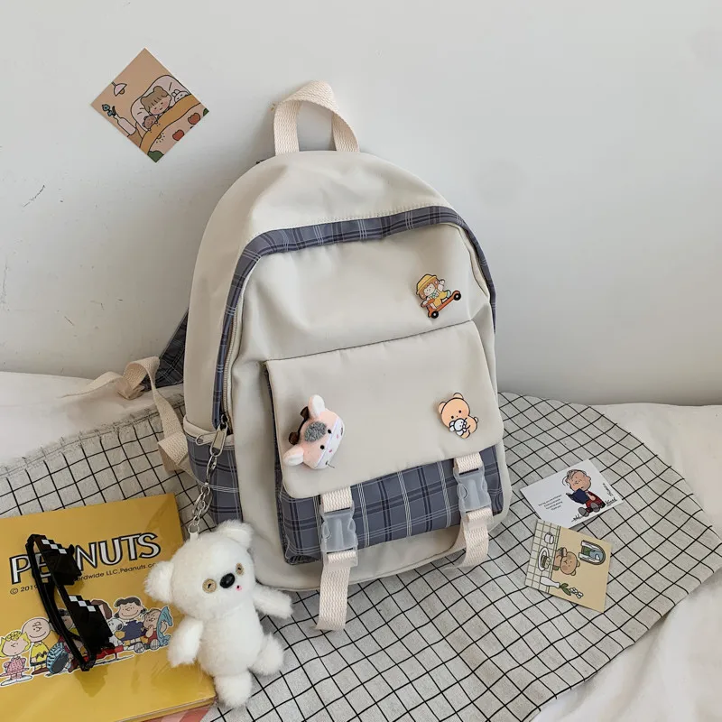 

Japanese Canvas Schoolbag Women's Harajuku Ins Campus Junior High School Students Kawaii Backpack Plaid Girl's Back Pack