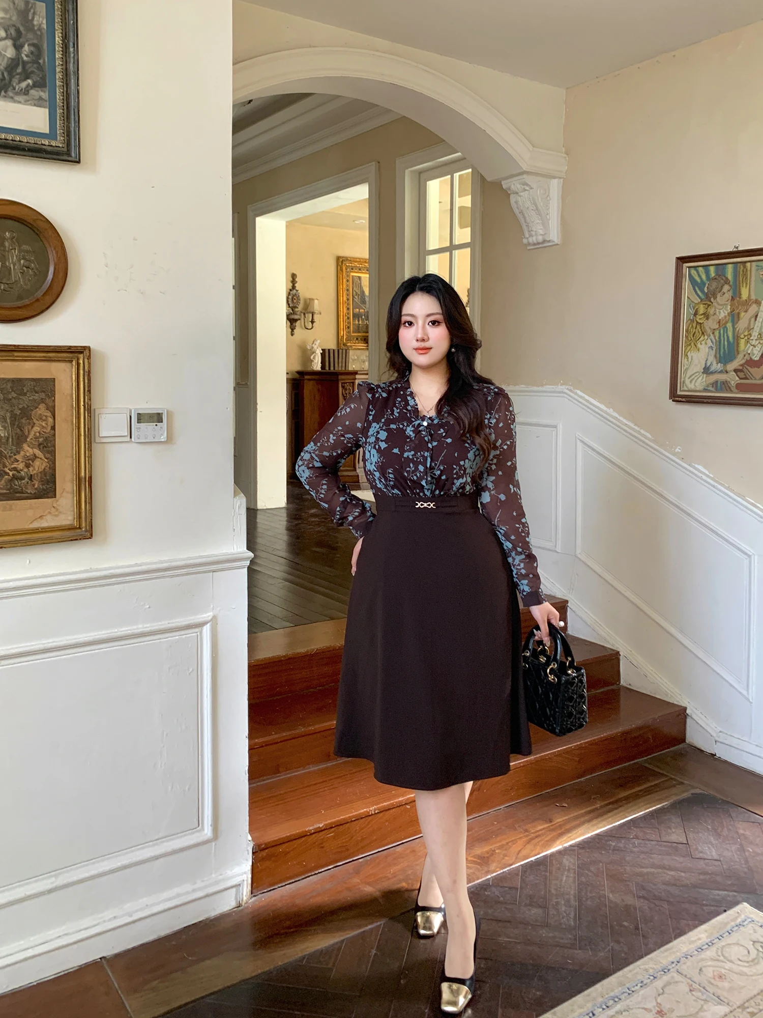 

GLEC большие размеры с цветочным принтом в стиле ретро Dr Ele Fake, двухсекционный дизайн, застежка-молния с высокой талией, длинный свеч, трапеция средней длины...