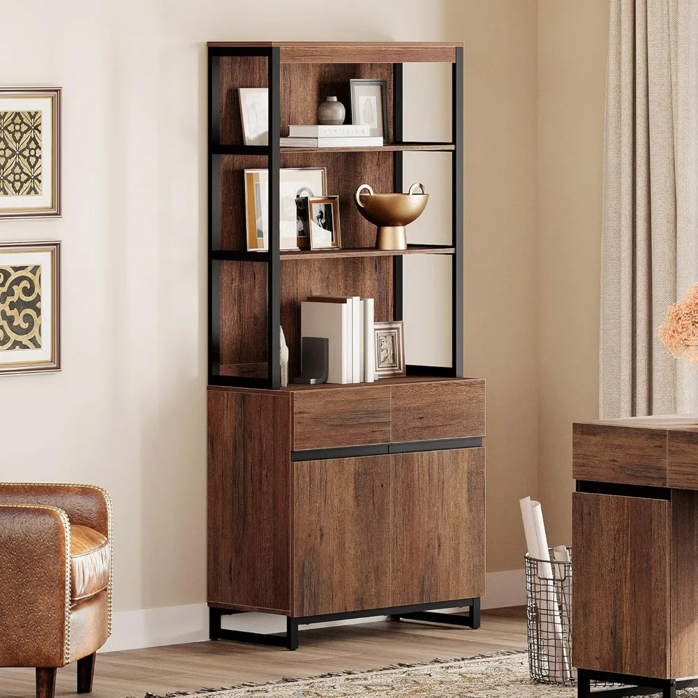 72-Inch Tall Metal Base Bookcase with Adjustable Shelves and Storage Cabinet