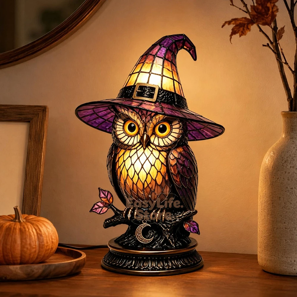 Stained Glass Witch Hat Lamp, Vintage Halloween Table Decor Stained Glass Lamp – Handcrafted Resin Gothic Wizard Accent Lamp