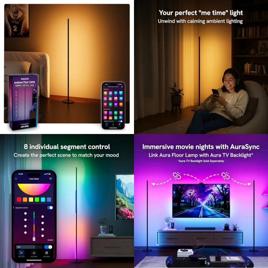

LED Corner Floor Lamp - RGBICW 4 Billion Colors - 90+ CRI and 1000 Lumens - App and Voice Control, Music Sync LED Lights - Stan